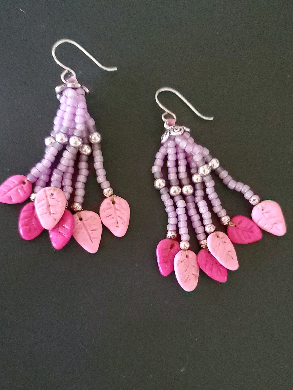 Handmade Pink & Lavender Beaded Leaf Dangle Earrings